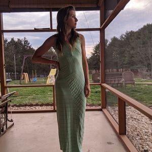 Green and gray striped sleeveless maxi dress
